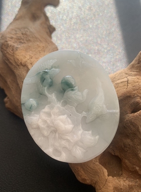 天然a货翡翠老坑料手工雕刻花开富贵 鸟语花香尺寸约50*41*5.3mm