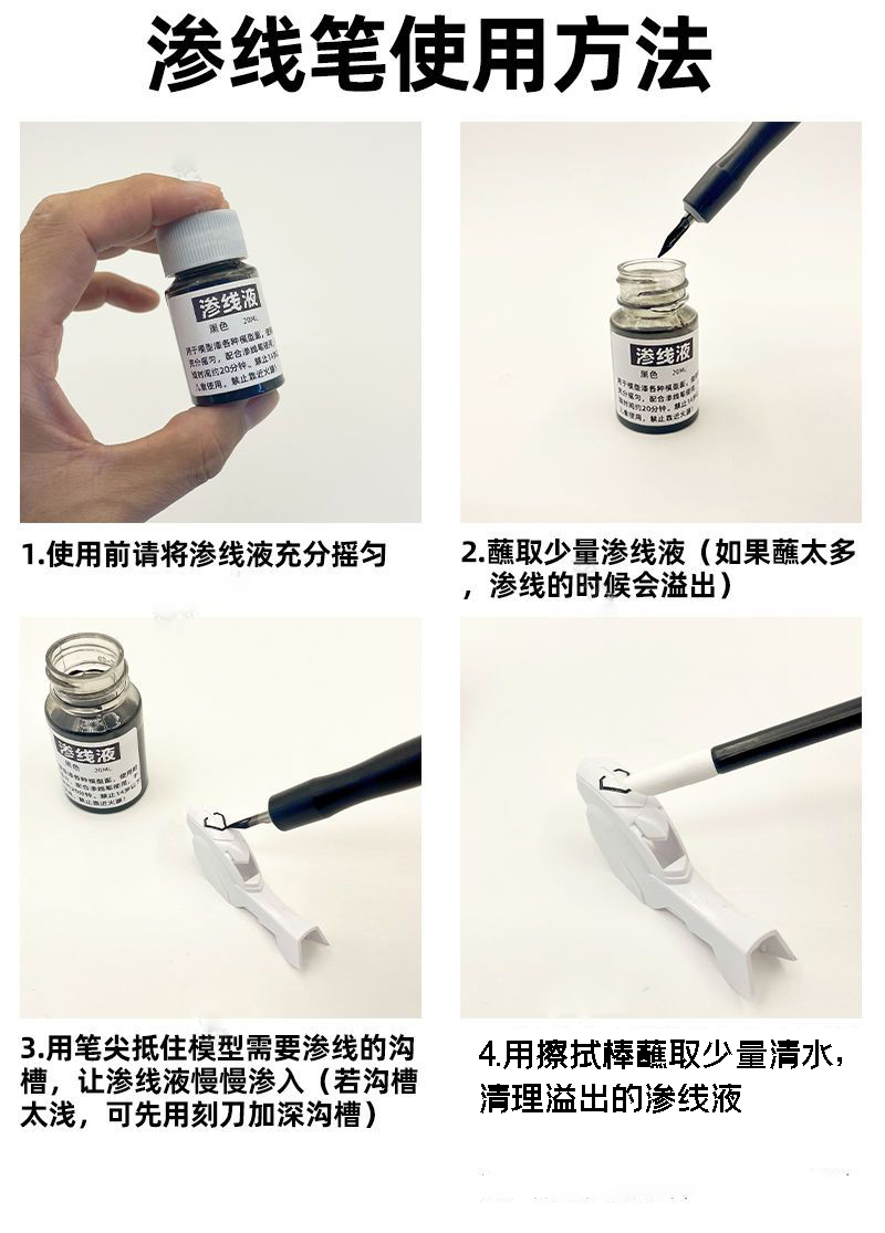 高达模型渗线笔 勾线旧化上色笔描线笔 不锈钢笔尖渗线液新手套装