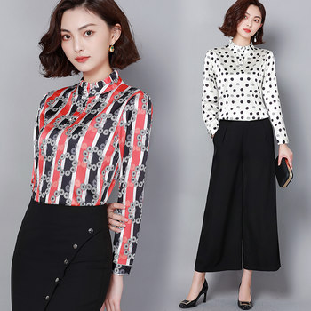 Hangzhou Silk Top Women's Long Sleeve 2023 Spring New Style Korean Size Stand Collar Printed Slim Mulberry Silk Shirt