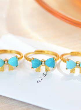 新品 天然绿松石 美松S925银纯银镀金爱心几何面开口可调戒指