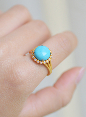 绿松石磨砂古法金戒指大颗闪闪