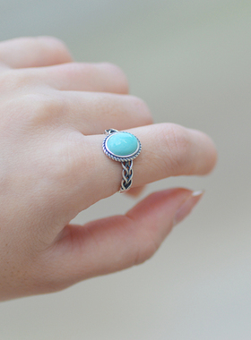 天然原矿绿松石淡雅S925银纯银复古做旧大颗精致麻花边开口戒指