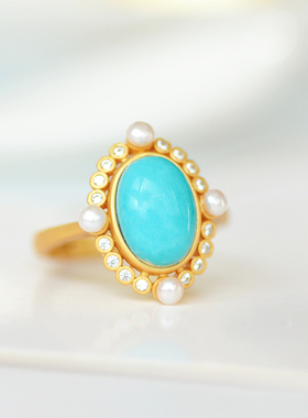 绿松石纯银镀金金戒指珍珠开口