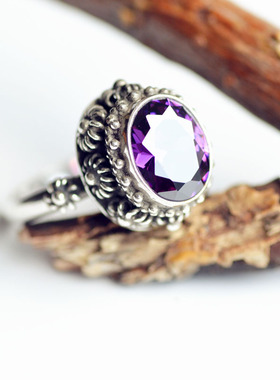 s925纯银指环纯手工钻面紫晶石