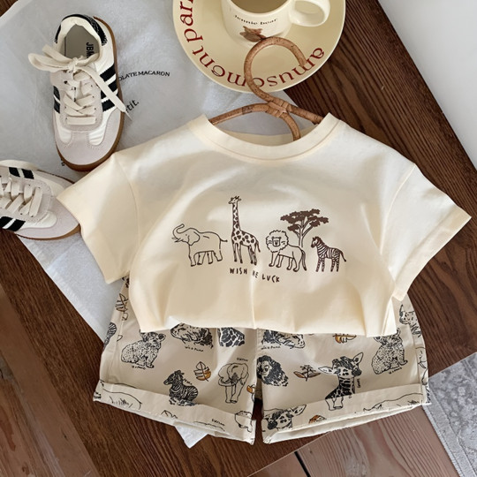 Children's summer pure cotton short-sleeved T-shirt baby two-piece set