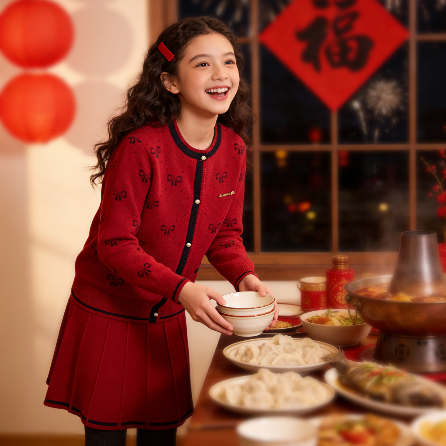 迪士尼女童套装儿童学院风红色毛衣开衫冬季新年针织裙子两件套,淘宝优惠券,粉丝福利购,淘宝优惠卷