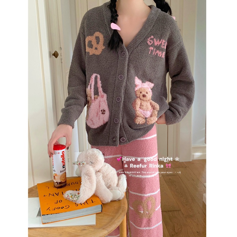 甜睡小熊开衫!梨花家秋冬软绵绵半边绒甜美风家居服女士外穿睡衣 - 图1