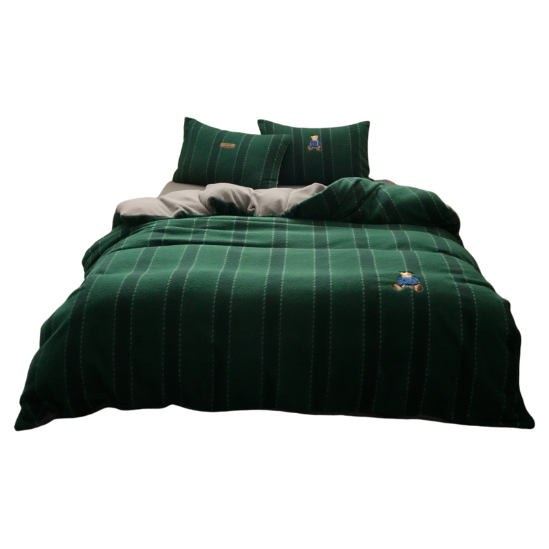 ins冬季牛奶绒床单四件套小熊绿色条纹复古被套保暖加绒加厚床品,淘宝优惠券,粉丝福利购,淘宝优惠卷