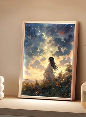 小女孩仰望星空灯光画女