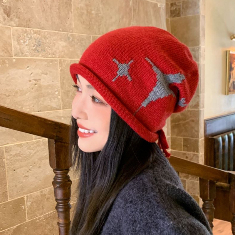 新款卷边堆堆帽女星星毛线帽子女护耳保暖抽绳针织帽显脸小包头帽