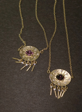 复古金币流苏红碧玺项链 银镀金随性锁骨链