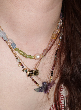 5色水晶天然石与粉色巴洛克珍珠项链