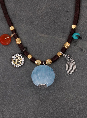 海之颂歌 海蓝宝雕刻多宝元素鹿皮与925银项链路塔斯曼天然