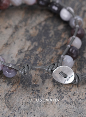 盐系灰调.波斯湾博茨瓦纳玛瑙大颗单圈灰色皮绳手链男女适用