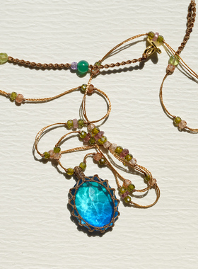 藤蔓.限量新品摩根粉霓虹蓝绿渐变拉贡碧玺水晶天然石编绳项链