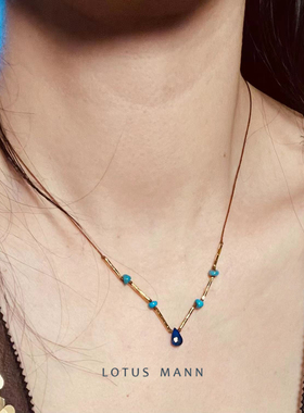 水滴青金石美国蓝松石细编麻绳随形银镀金天然项链 lotus mann