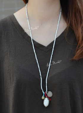 老贝壳旧钱币流苏与白松石925银项链硬币lotus mann