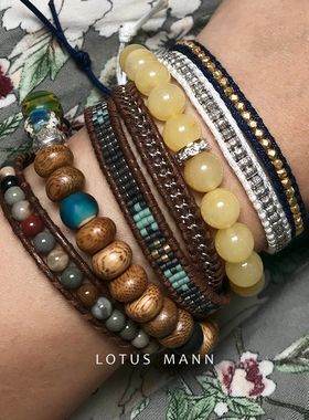 棕调莫兰迪.卡其色玛瑙与拼色链条皮绳三圈纯银扣手链