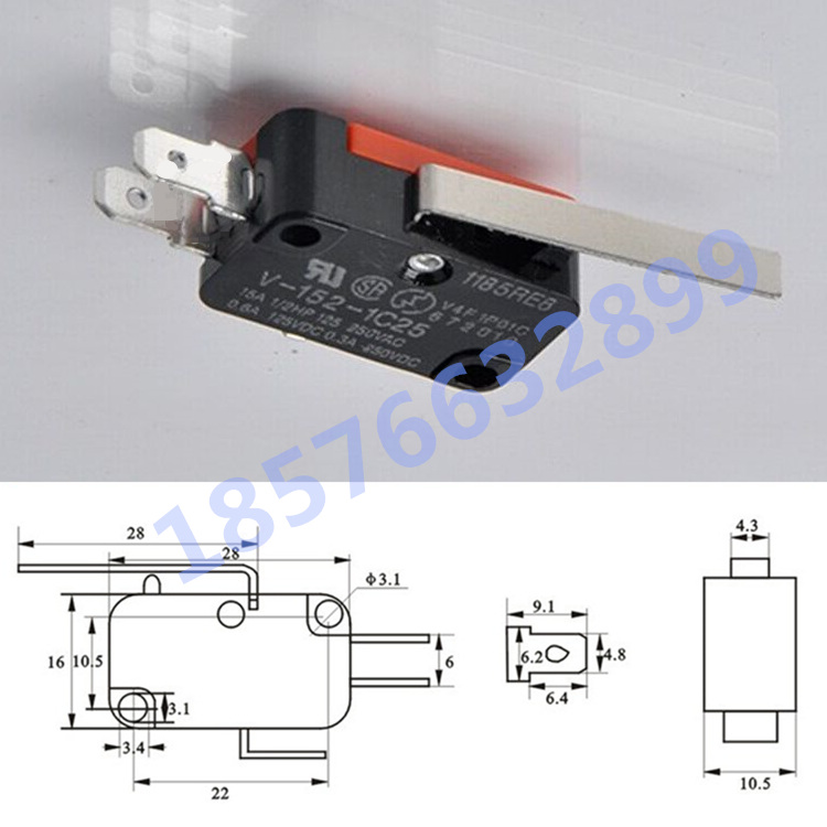 欧姆龙行程开关V-152-1C25微动开关马达限位开关自复位中柄3脚-图1