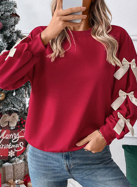 上衣圆领T恤蝴蝶结红色圣诞卫衣