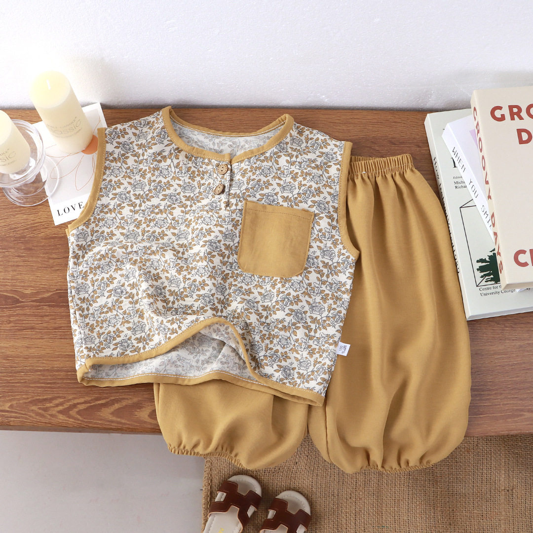 儿童新中式夏季薄款冰丝皱家居服男女宝宝洋气无袖背心束腿裤套装,淘宝优惠券,粉丝福利购,淘宝优惠卷