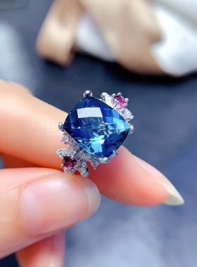 天然伦敦蓝托帕石戒子925指环