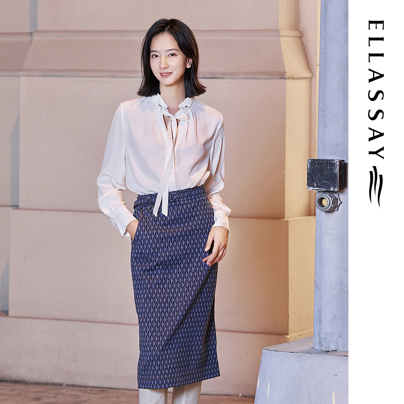 ELLASSAY歌力思2024春季几何仿牛仔长包裙半身裙女EWW351Q00500 - 图0