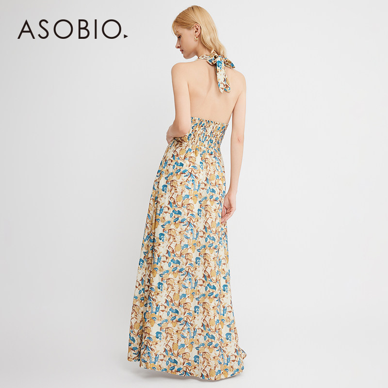 Asobio碎花无袖长裙挂脖系带连衣裙夏季亚麻垂感简约度假风137,淘宝优惠券,粉丝福利购,淘宝优惠卷