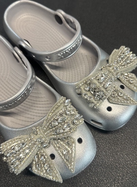 适配crocs洞洞鞋鞋花灰色银色钻石重工蝴蝶结鞋扣玛丽珍鞋配饰件