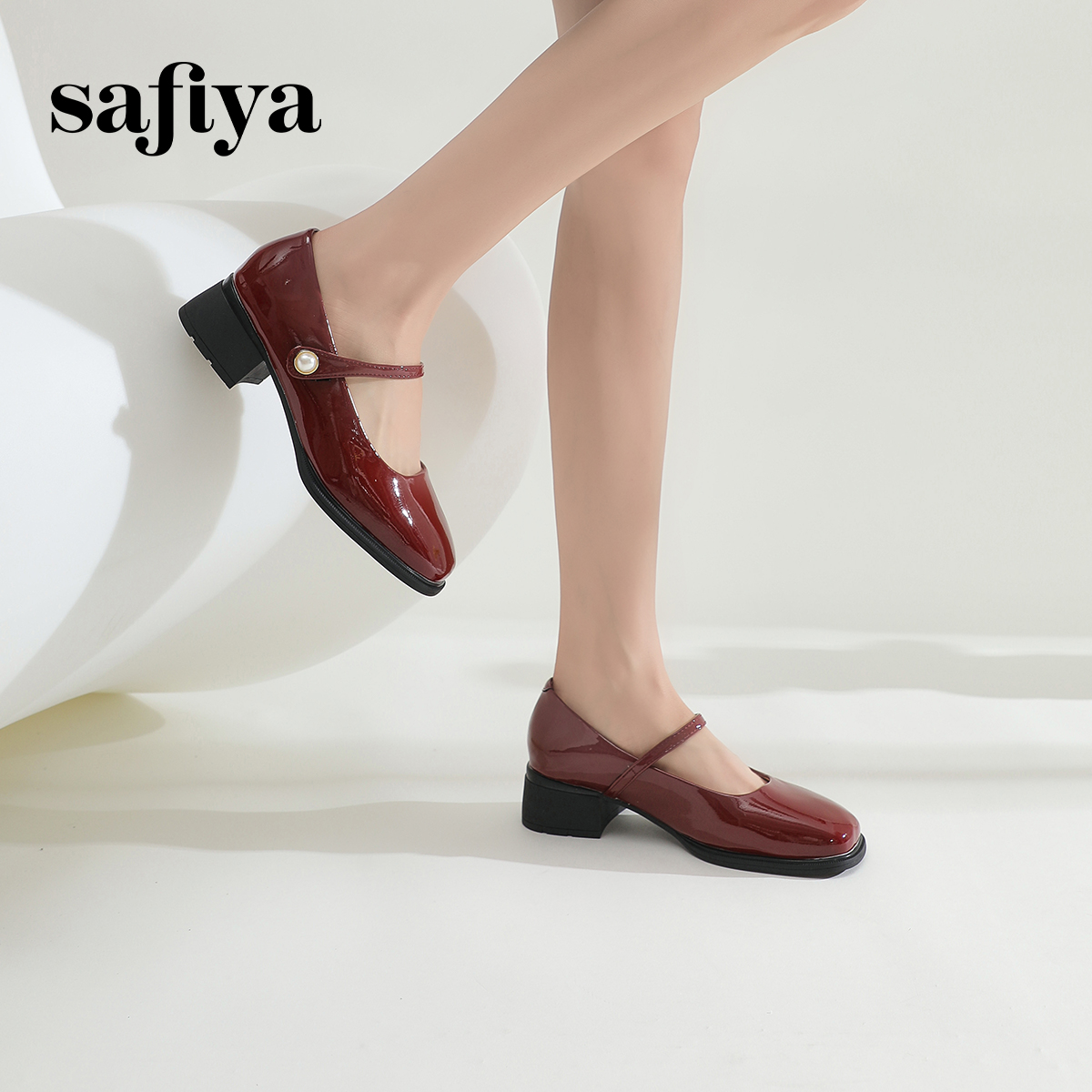 Safiya/索菲娅2024晚晚风复古一字带方头玛丽珍鞋粗跟浅口单鞋女 - 图1