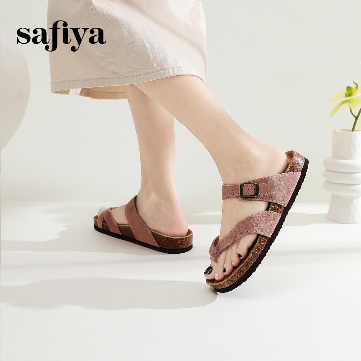 Safiya/索菲娅2024年新款复古一脚蹬夹趾勃肯拖鞋外穿软木拖鞋女 - 图0