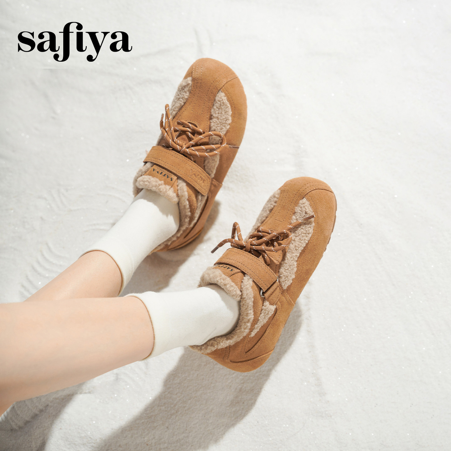 Safiya/索菲娅2025年冬季新款魔术贴系带加绒平底毛毛鞋运动棉鞋,淘宝优惠券,粉丝福利购,淘宝优惠卷
