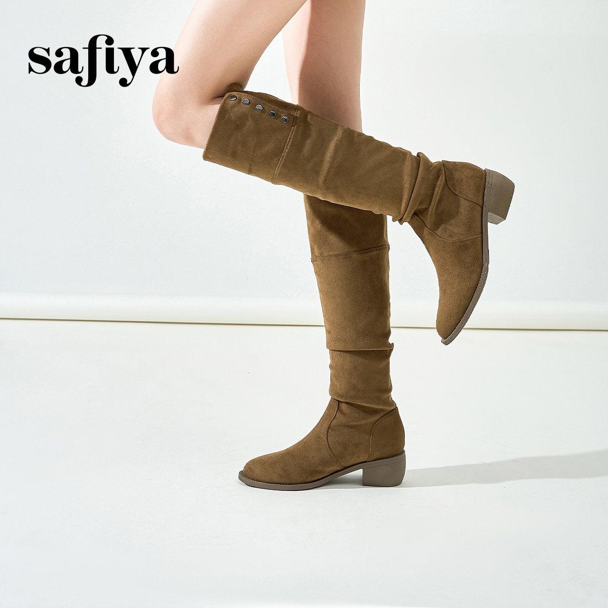 Safiya/索菲娅秋冬绒面弹力遮肉显瘦尖头粗跟休闲百搭长筒西部靴,淘宝优惠券,粉丝福利购,淘宝优惠卷