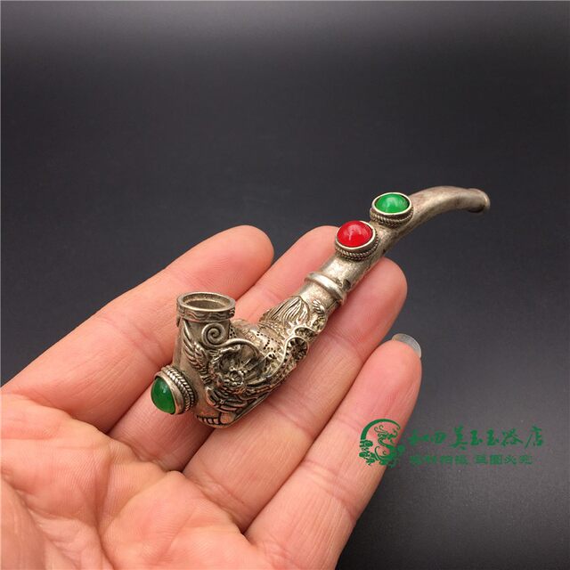 Old silver inlaid Malay jade cigarette pouch antique miscellaneous items