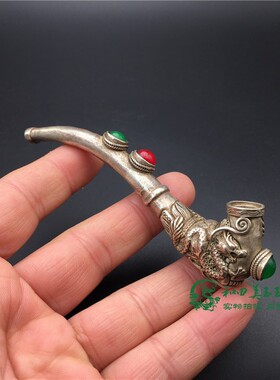 老银镶嵌马来玉石烟袋古玩杂项