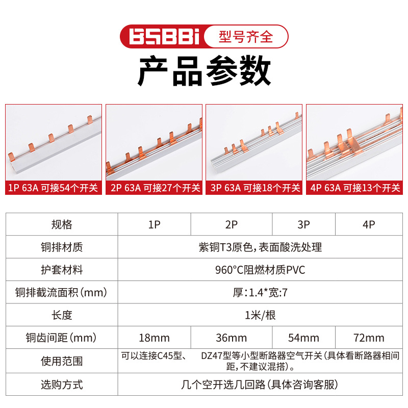 针型汇流排1P63A/ 2p/ 3p /4p  空开紫铜1米连接排 断路器接线排 - 图0