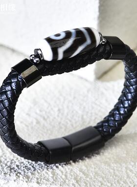 高级皮质手环男女同款复古虎牙天珠二眼玛瑙手链情侣小众饰品手镯