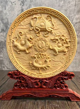 圆盘摆件锦鲤跃龙门木质实木中式古典装饰玄关木雕观音龙凤福禄寿