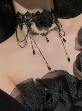 黑色蕾丝脖子配饰蕾丝颈带女项圈哥特公主黑玫瑰颈带蕾丝脖子绑带