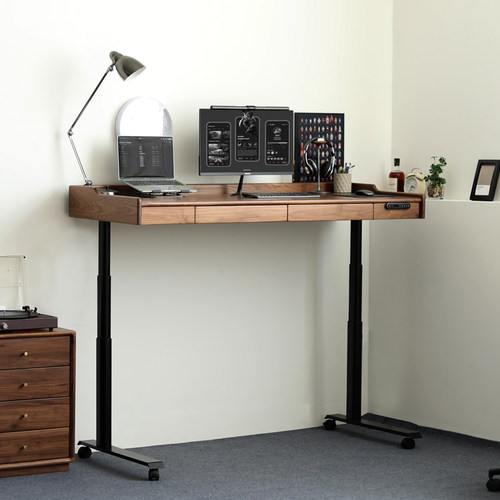 实木黑胡桃木电动升降桌电脑智能移动办公电竞樱桃木自工作台书桌 - 图1