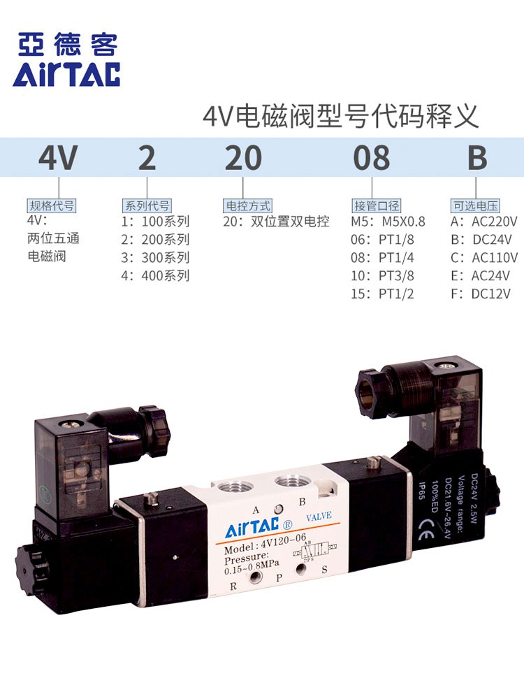 原装亚德客双头电磁气阀4V22006B 4V220-08B两二位五通气缸换向阀-图0