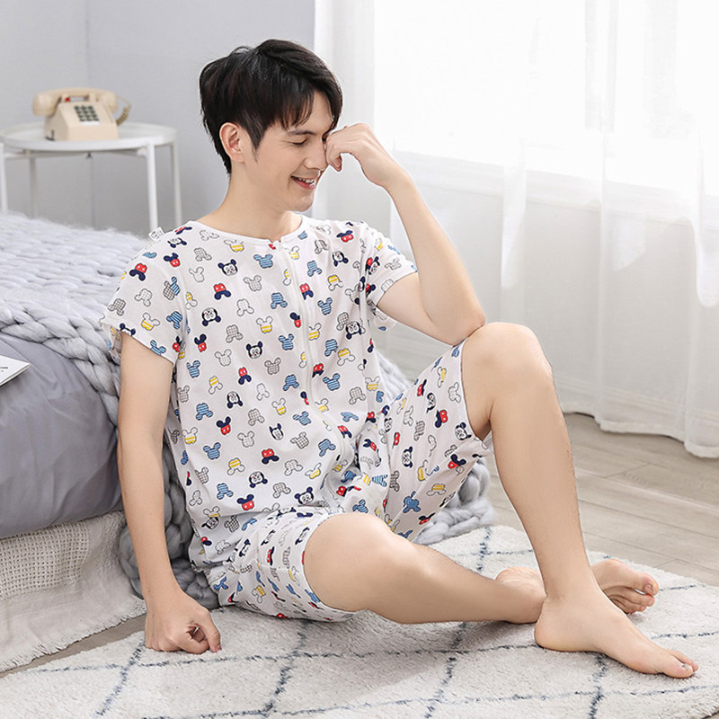 男士纯棉短袖连体夏成人夏季棉睡衣 珠丽阳连体睡衣睡衣/家居服套装