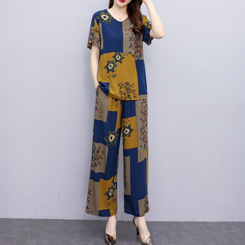 中老年妈妈夏装新款宽松短袖棉绸两件套女时尚印花九分裤睡衣套装 - 图0