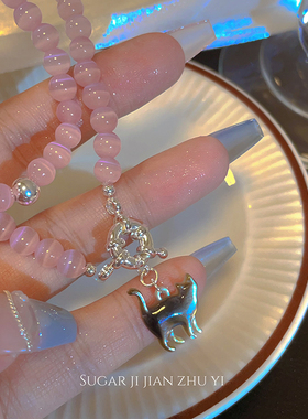SUGAR 粉色天然猫眼石猫咪吊坠项链女可爱少女感彩贝小猫锁骨链