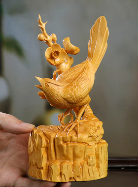 黄杨木雕喜上眉梢木质摆件