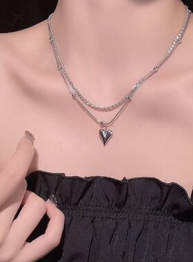钛钢双层叠戴波光粼粼爱心项链女嘻哈小众设计感不掉色锁骨链颈链