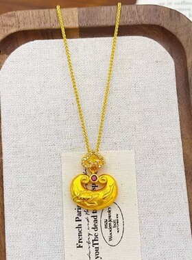 金店同款镶钻锦鲤戏莲花如意吊坠 荷花小胖福锁包铜镀金项链批发