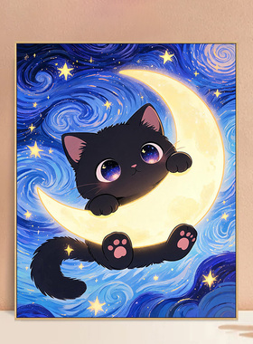 梵高星空小黑猫DIY数字油画