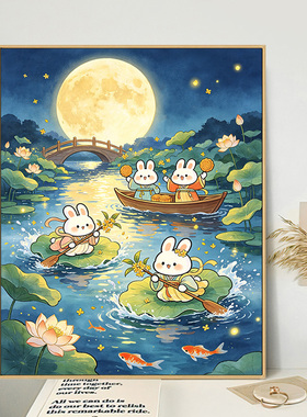 中秋玉兔荷塘月夜丙烯数字油画