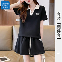 Real Ves Summer New Pint Women Dress Polo Collar Short Sleeve Wide-leg Shorts Two Sets Loose Casual Sports Suit o